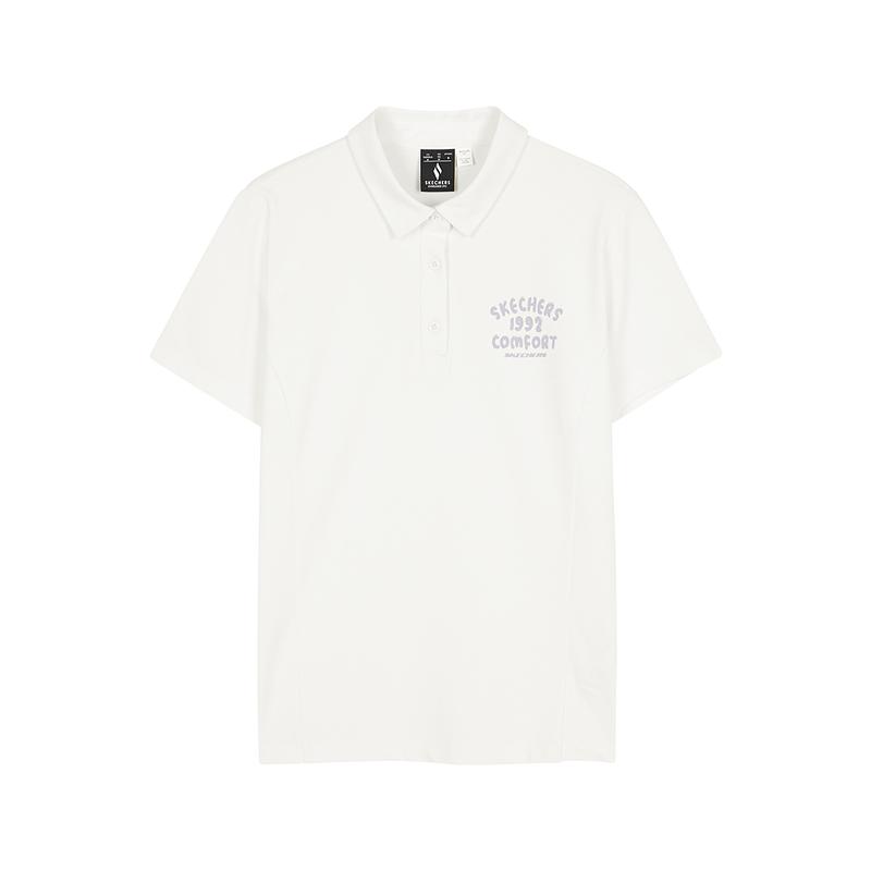 Skechers Printed Letter Casual Comfortable Straight Fit Slim Polo Shirt Women tops Cotton-Candy-White L224W082-0074 S
