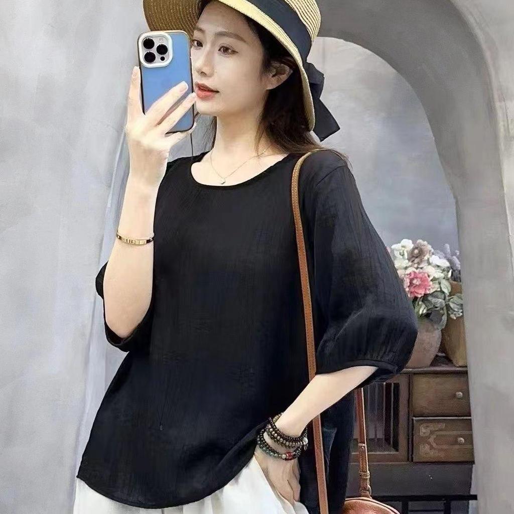 2024 Damen Tencel Baumwolle Leinen Mittellangärmelige Lockere Freizeitbluse mit Schlankmachender Bauchkontrolle für Mittelalte und Ältere