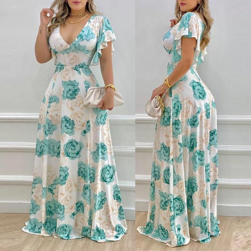 2026 Womens Floral Print V-Neck High-Waist A-Line Maxi Dress Office Date Elegant Chic