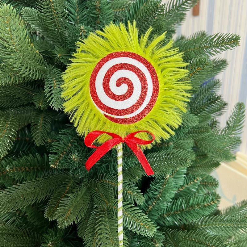 2PCS/SET Christmas Tree Picks Decorations, Polyester Plush Candy with Green & Red Lollipop, Festive Xmas Branch Ornaments