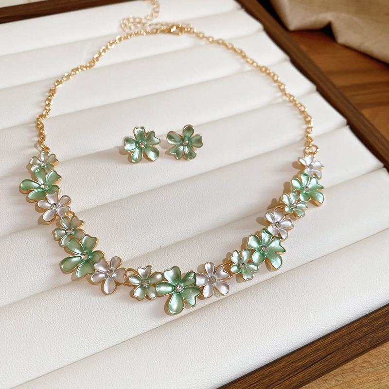 Flower field brilliant~ spray paint zircon flower necklace stud earrings set fresh and sweet wind exquisite design jewelry women