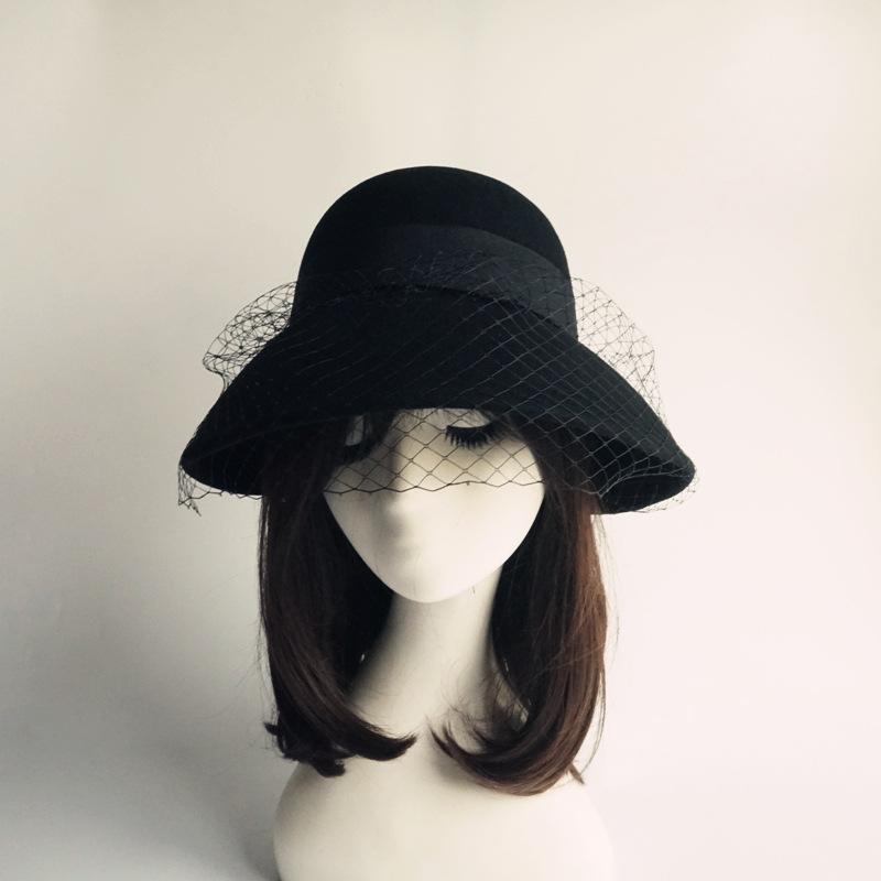 French Retro Mesh Black Woolen Woolen Basin Hat Women'S Autumn And Winter Hepburn Elegant British Versatile Fisherman Top Hat Foreign Trade