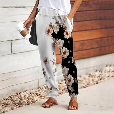 Women 3D Pink Peony Print Pants Lace Up Elastic Waist Loose Trousers Casual Long Pants Trousers with Pockets