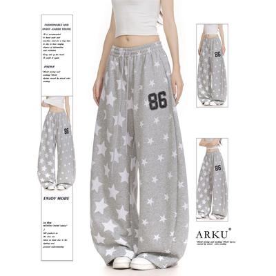 Women's Retro Star Print Curved Blade Sweatpants - Loose Wide-Leg Design for Autumn/Winter Street Dance