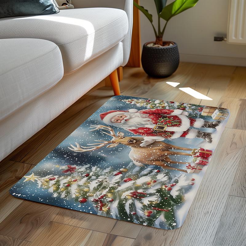 Christmas Themed Diatomite Bath Mat Non-Slip Absorbent Floor Mat for Home Entryway Bathroom Festive Decor