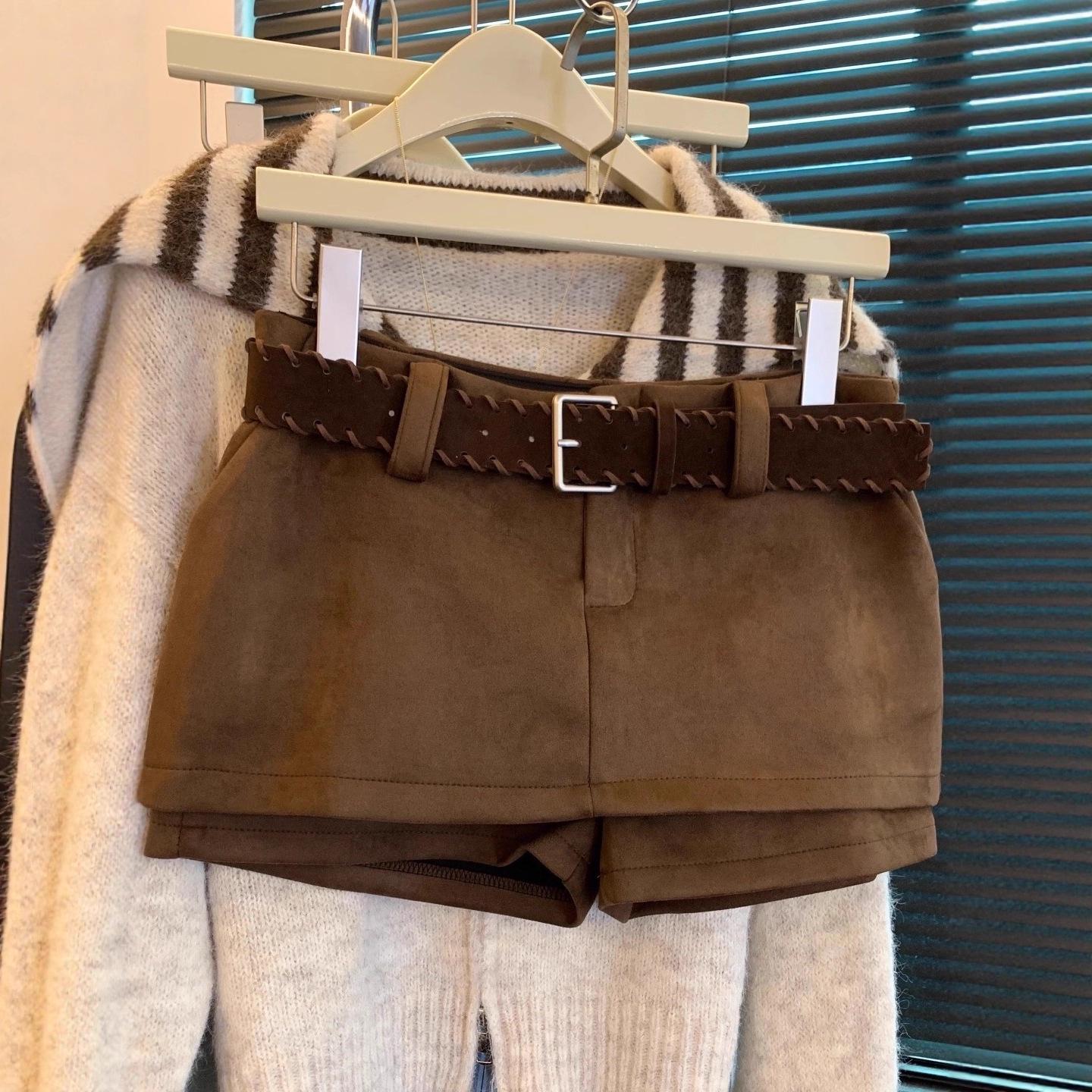 

Light Brown High Waist Suede A-line Skort for Women - Versatile Hip-hugging Straight Leg Design for Spring and Winter. XL