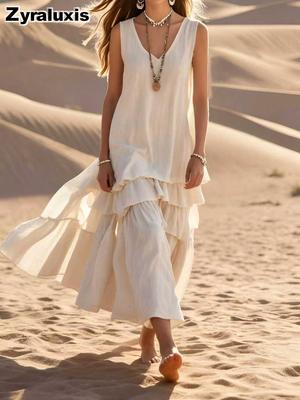 Spring New Arrivals Solid Color Resort Women's Loose Sleeveless Set Maxi Dress