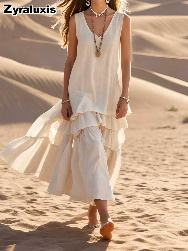 Spring New Arrivals Solid Color Resort Women's Loose Sleeveless Set Maxi Dress