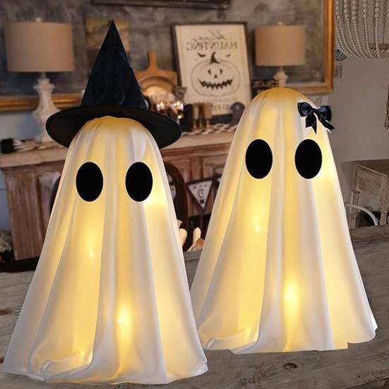 Light Up Halloween Ghost Decoration Scary Lighted White Cloth Ghost Spooky Tabletop Ornament for Indoor Home Mantel Shelf Decor