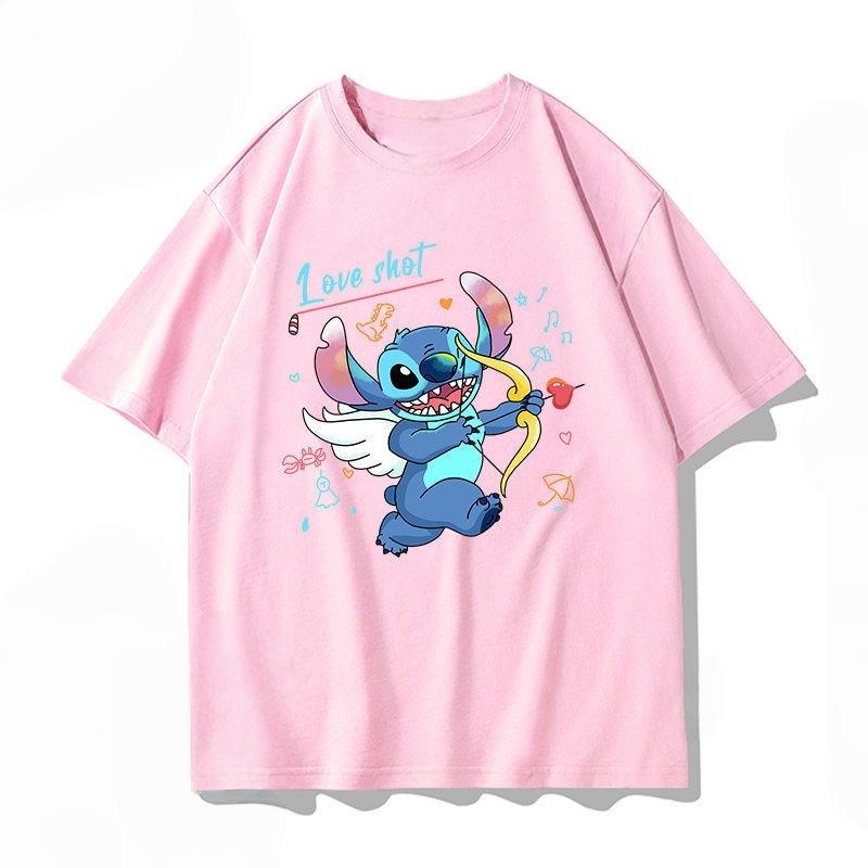 Summer Casual Stitch Fun Print Cotton Comfortable Pink T-shirt Adults Children Parent Child Couple Fashion Loose Sportswear