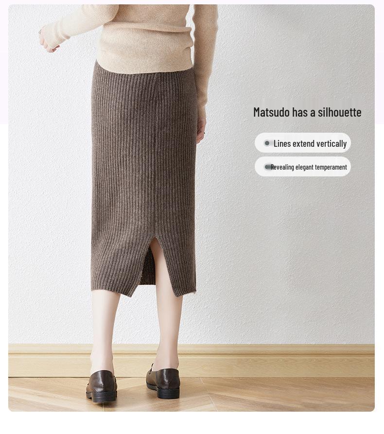 Women's 100% Wool Elastic High-Waist Knitted Midi Skirt with Back Slit