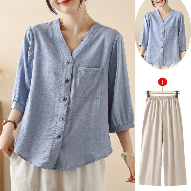 Summer Cotton Linen Lightweight Casual Shirt Set for Middle-Aged Women with Versatile Three-Quarter Sleeves