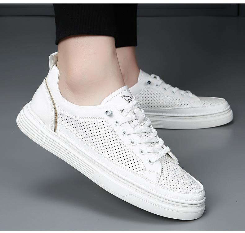 New Shoes for Men Genuine Leather Casual Shoes Street Fashion Microporous White Flat Skateboard Shoes Breathable Sneaker