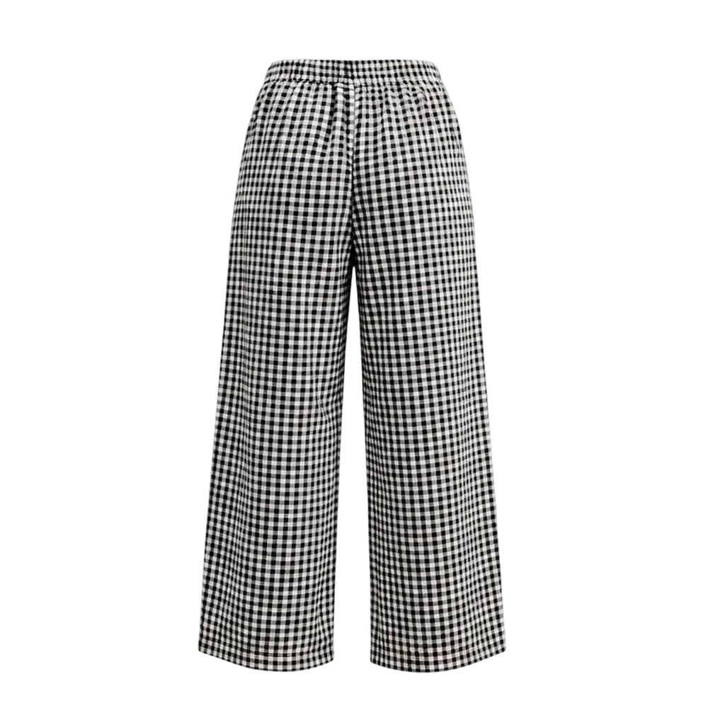 Women's Plaid Wide Leg Pants with Elastic Waist and Pockets for Casual Loose Fit