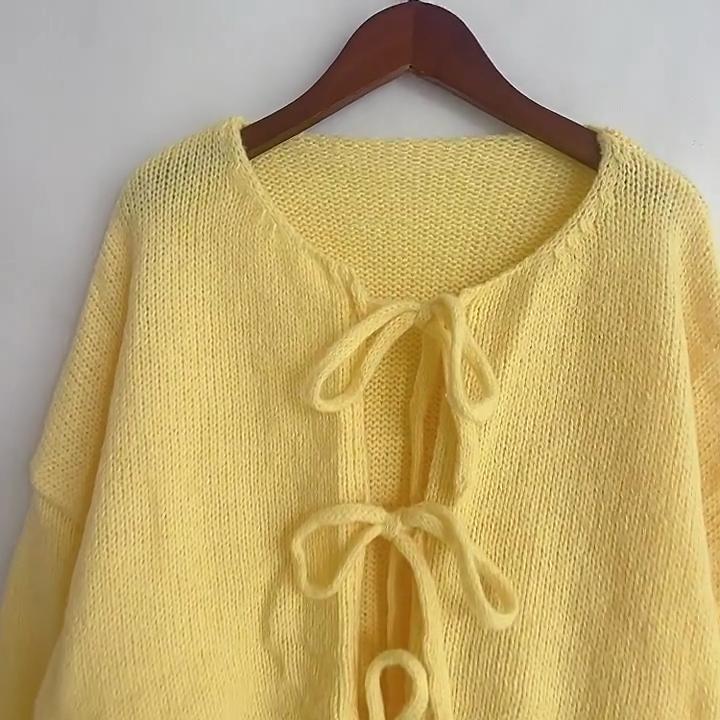 Women's Classic Tie-Front Knit Cardigan - Solid Color Round Neck Sweater Casual Pullover