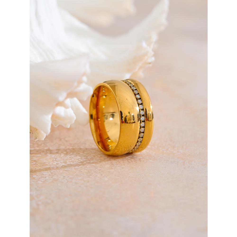 Yhpup Stylish Stainless Steel Round Cubic Zirconia Wide Ring 18K PVD Gold Color Plated Temperament Jewelry