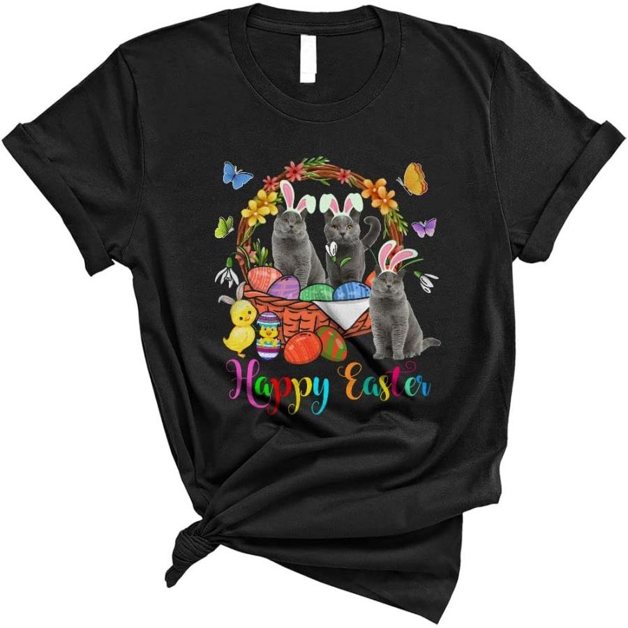 Happy Easter Cute Three Bunny British Shorthair Cats in Easter Eggs Basket Lover Gifts Unisex T-Shirt S