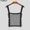 INCERUN Men Strap Sleeveless Mesh Sheer Patchwork Bandage Slim Cropped Tank Tops