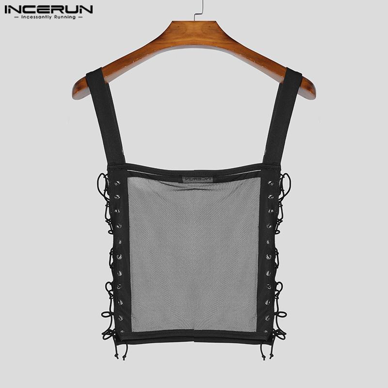 INCERUN Men Strap Sleeveless Mesh Sheer Patchwork Bandage Slim Cropped Tank Tops