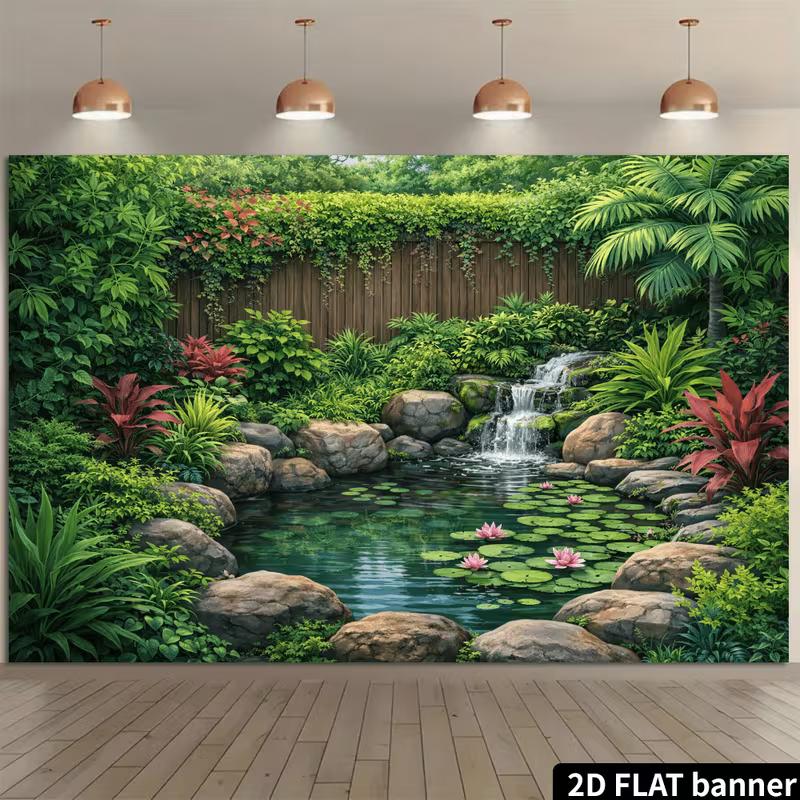 2D Lush Jungle Waterfall Backdrop with Lily Pads for Studio Photoshoot