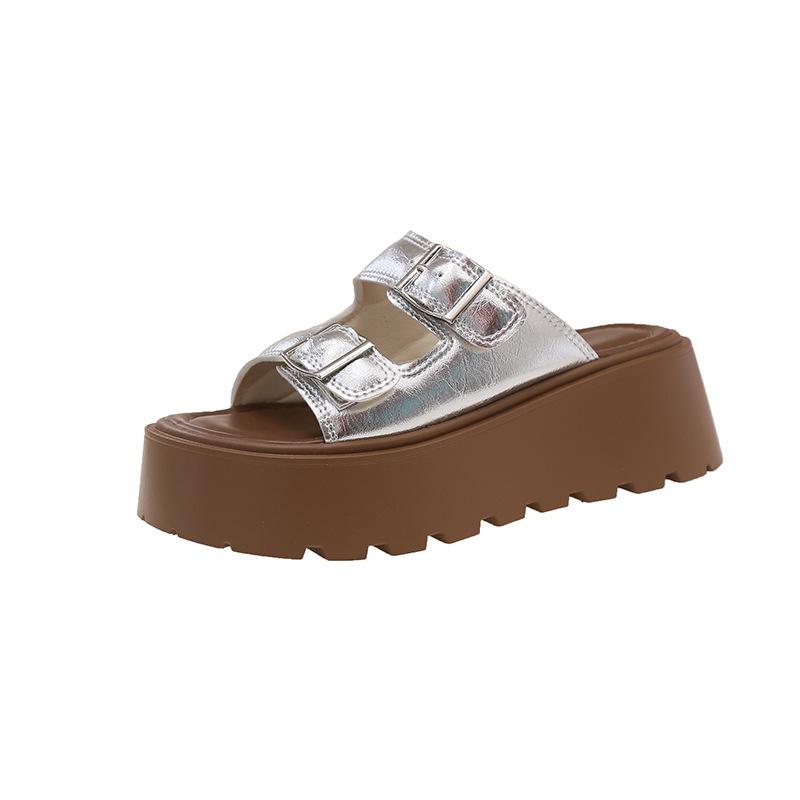 Fashion versatile platform shoes women's summer outer wear beach shoes retro double buckle with new one-word slippers