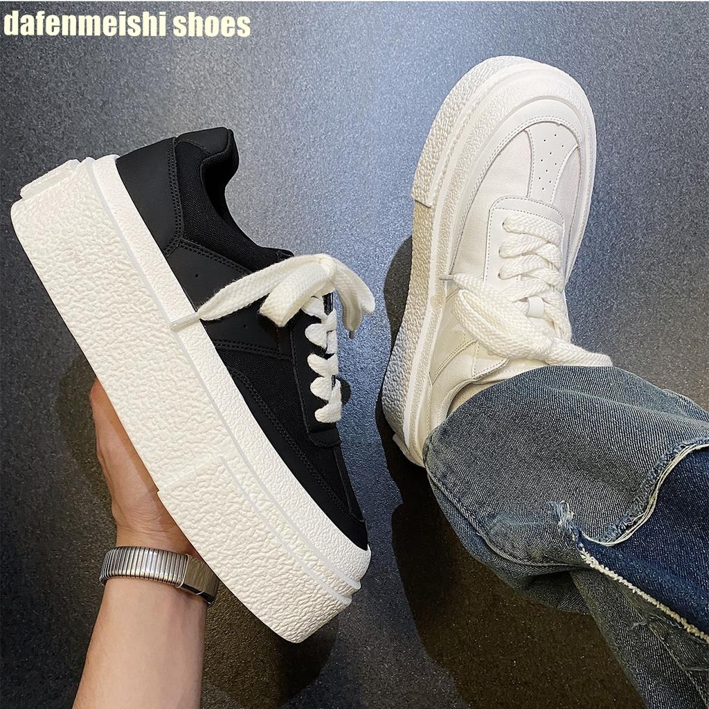 Fashion Women/men Black White Mixed Shoes Heightening 5Cm Platform Shoes New Couple Versatile Leather Sneakers Lace Up Skate Shoes