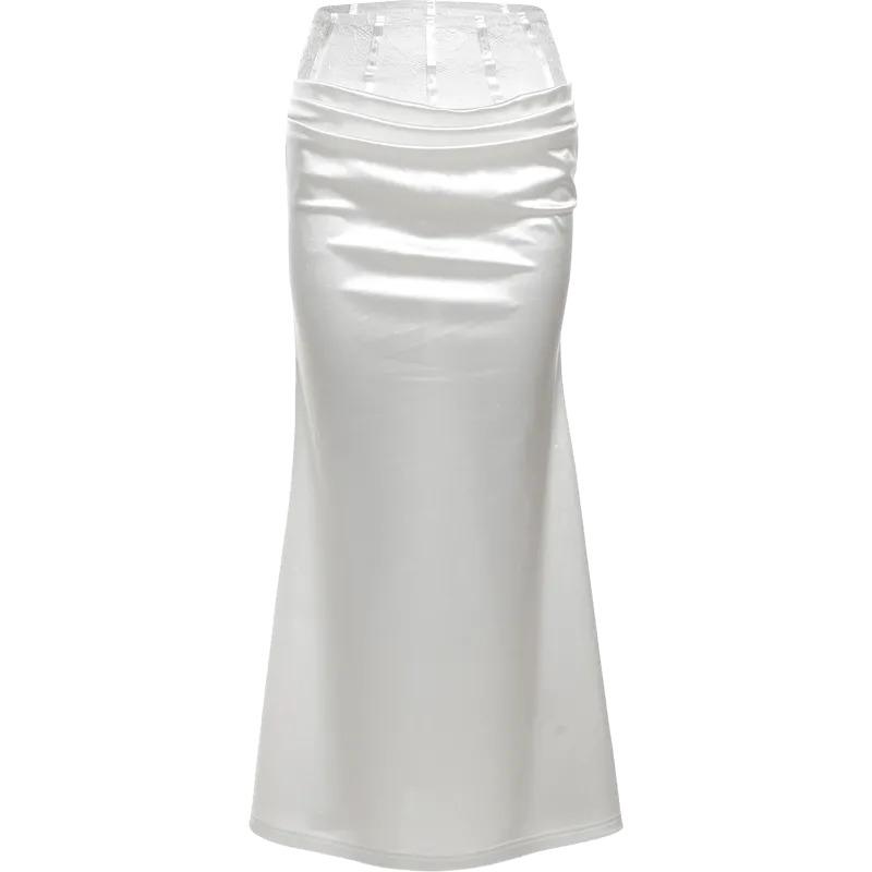Womens White Satin High Waist Ruched Mermaid Maxi Skirt S
