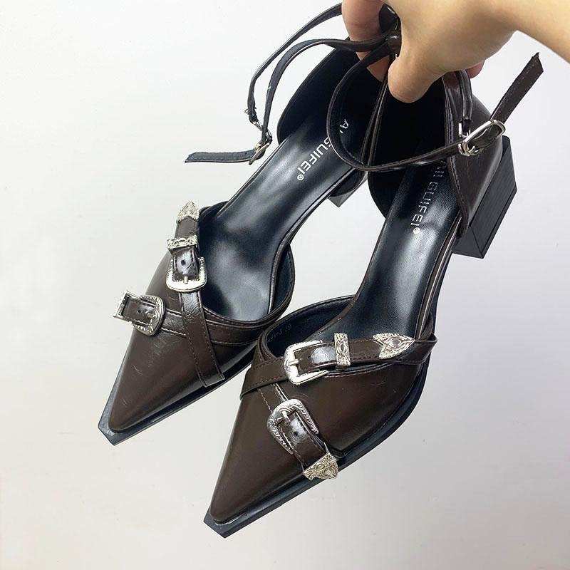 Ankle Buckle Strap Women 4cm Heels Pumps Shoes Female Shallow Footwear Pointed Toe Ladies Medium Square Heels Shoes