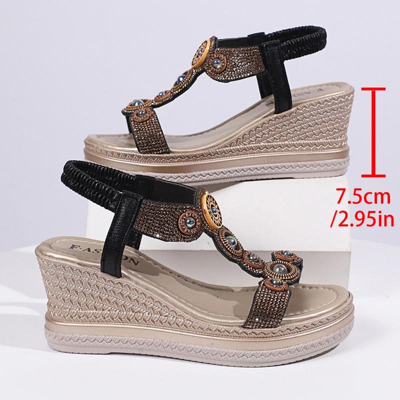 Muffin Platform Sandals Women's Summer Large Size Bohemian New Fashion Rhinestone Wedge Heel High Heel Sandals