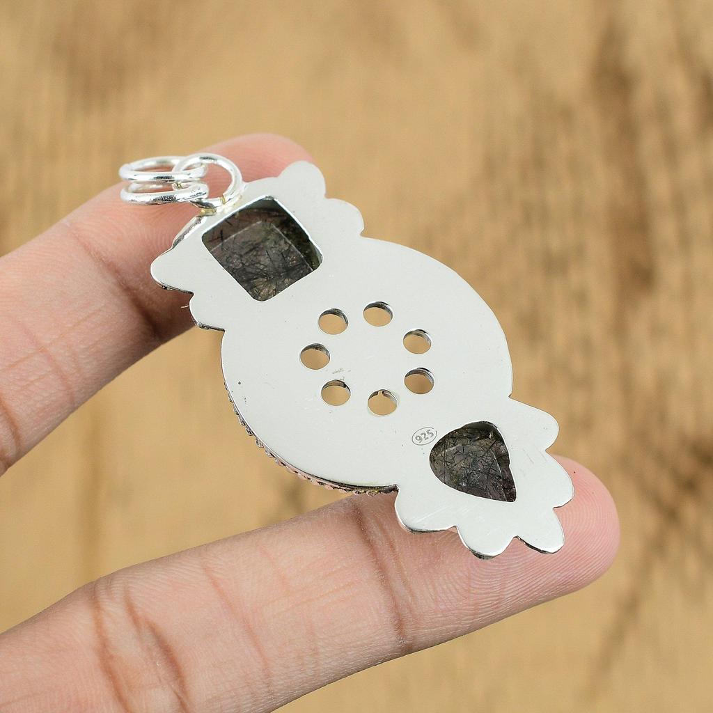 Natural Black Rutile Gemstone Pendant 925 Sterling Silver Jewelry For Women