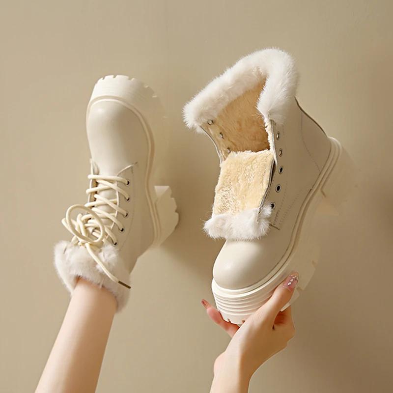 Thick Bottom Motorcycle Winter Boots Women Faux Fur Platform Plush Ankle Boots Woman Outdoor Non-Slip Warm Short Botas Mujer