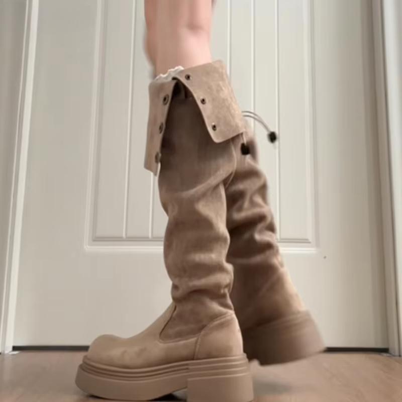 Winter Plateau Damen Oberschenkelhohe Stiefel Mode Slipper Lange Stiefeletten Vintage Prägnante Dicke Absatzschuhe