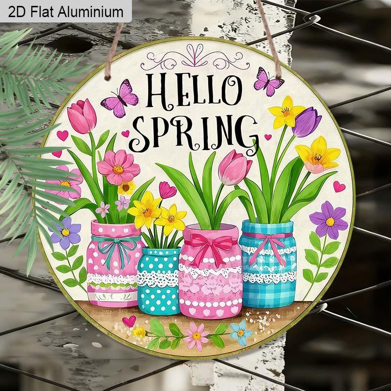 2D Flat Aluminum Hello Spring Door Sign for Front Door, Round Hanging Plaque with Mason Jar & Tulip Flower Design, Rustic Farmhouse Porch Wall Decor