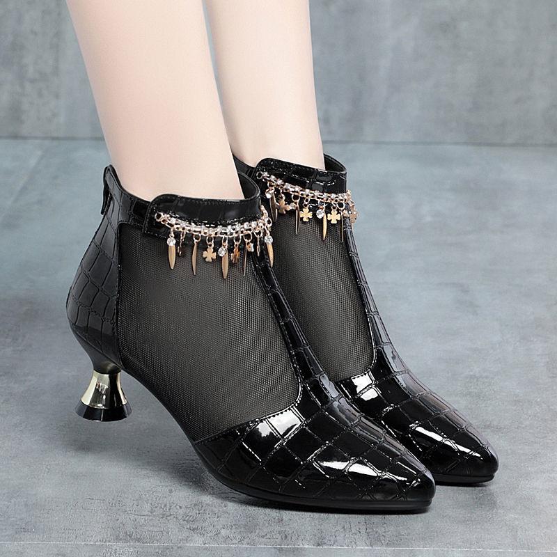5cm Elegant Fashion Breathable Mesh Leather Boots Summer Shoes 2025 Trend Med Kitten Heels Short Ankle Boots Sandals Office Mom