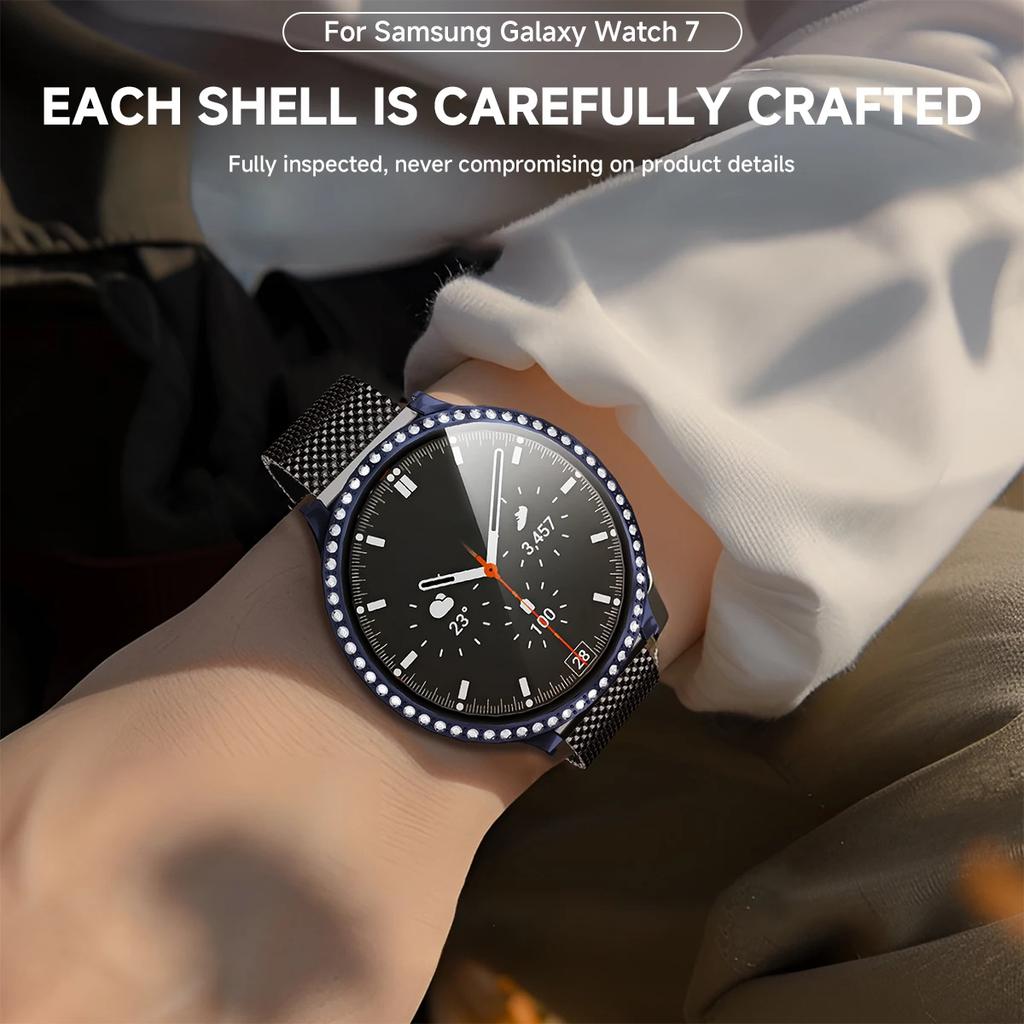 Glass+Diamond Case for Samsung Galaxy Watch 7 40 44mm Accessories Bling PC Bumper+Screen Protector for Galaxy Watch 7 Cover Case