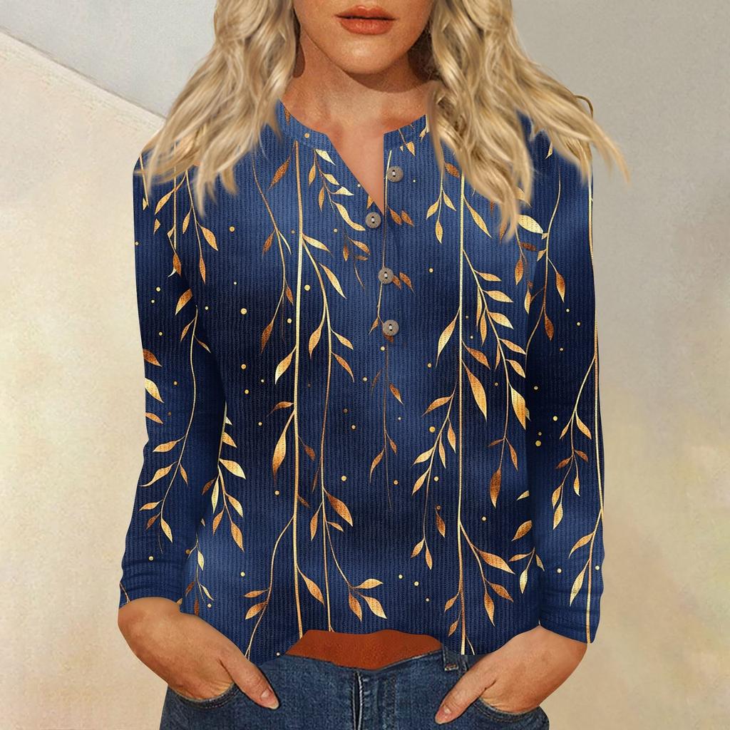 Women's T Shirt Tee Print Button Long Sleeve Daily Weekend Fashion Basic V- Neck Regular Top