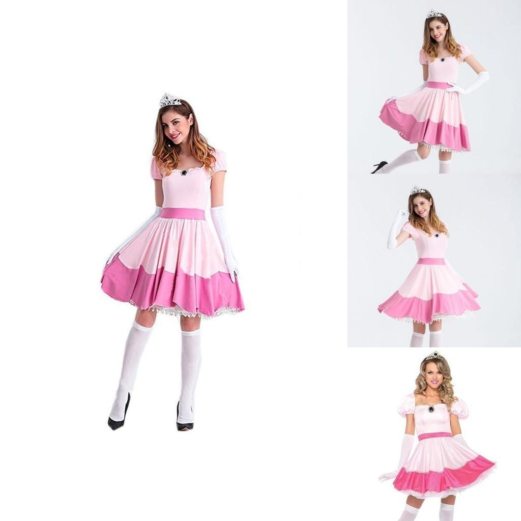 Elegant Super Mario Pink Princess Peach Costume Dress With Crown And Gloves Set