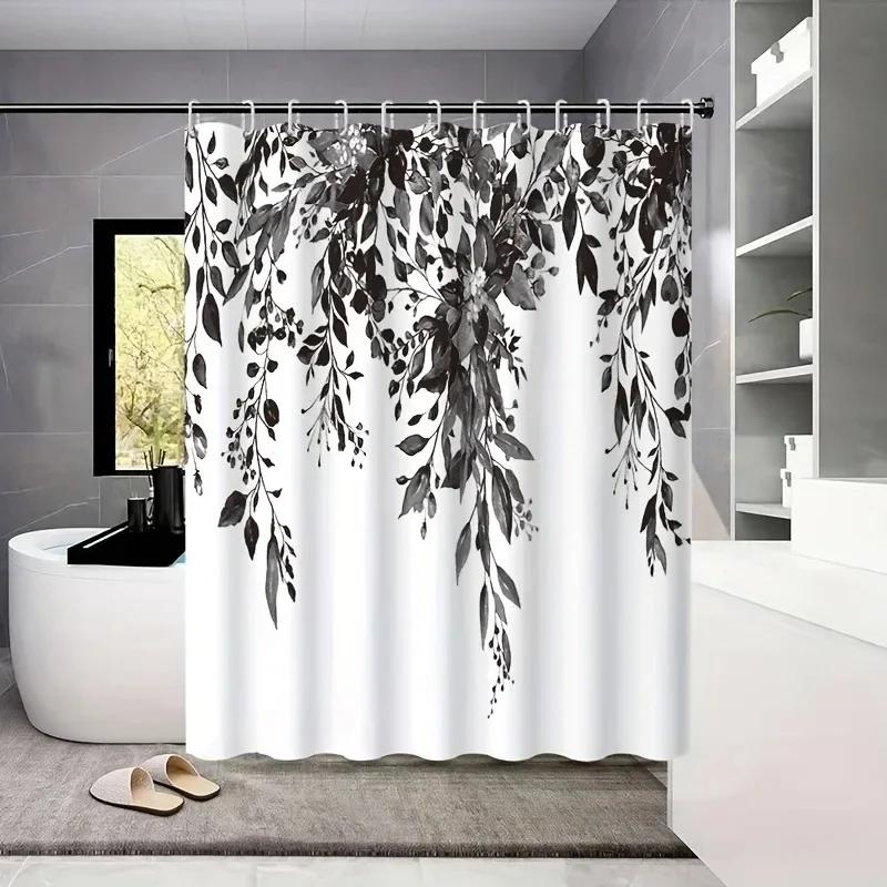 VIKAMA1 piece small fresh eucalyptus leaves digitally printed bathroom shower curtain set perforated strap hook easy to clean