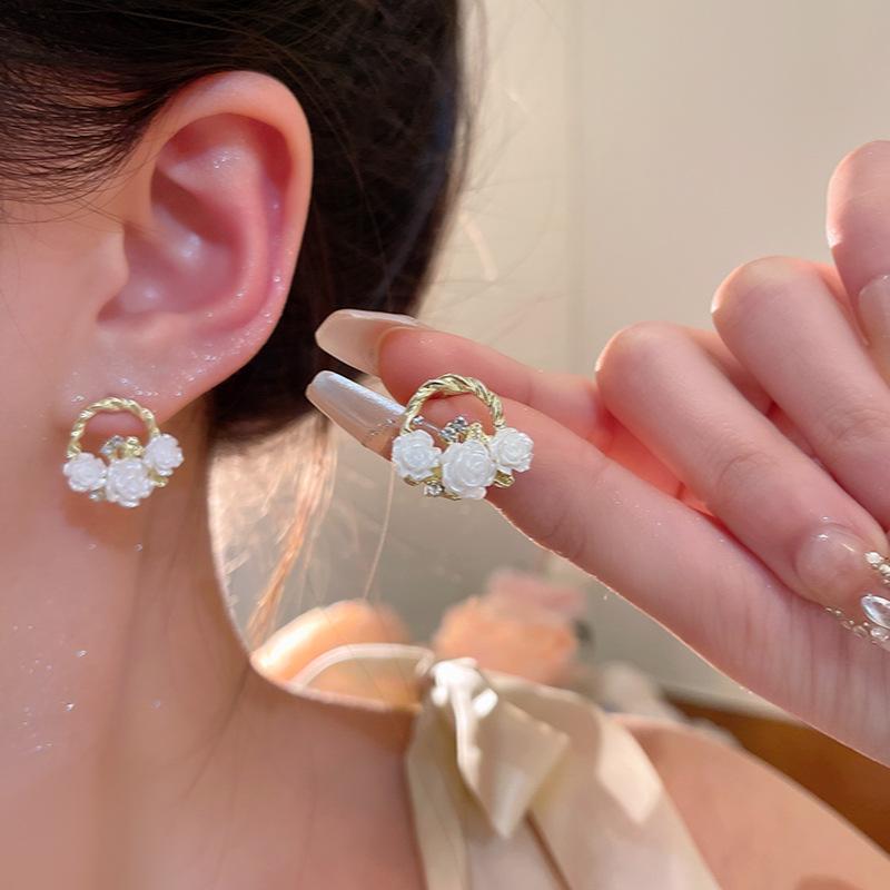ins style unique camellia earrings female explosion stud earrings small fresh Mori ears