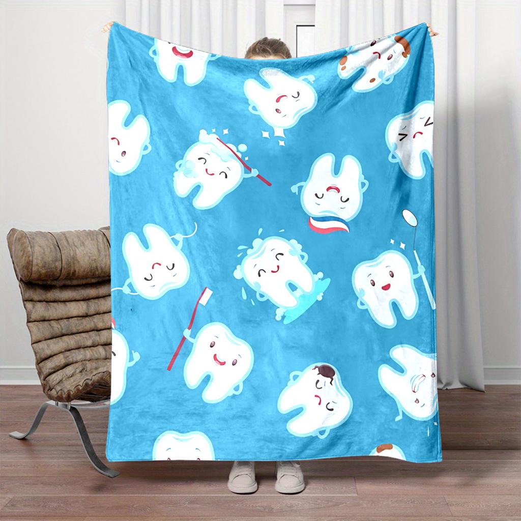 Ocean Theme Cartoon Teeth Print Flannel Blanket - For Bed, Sofa, Office, Travel, Gift, Decoration, Chair, Cozy And Warm