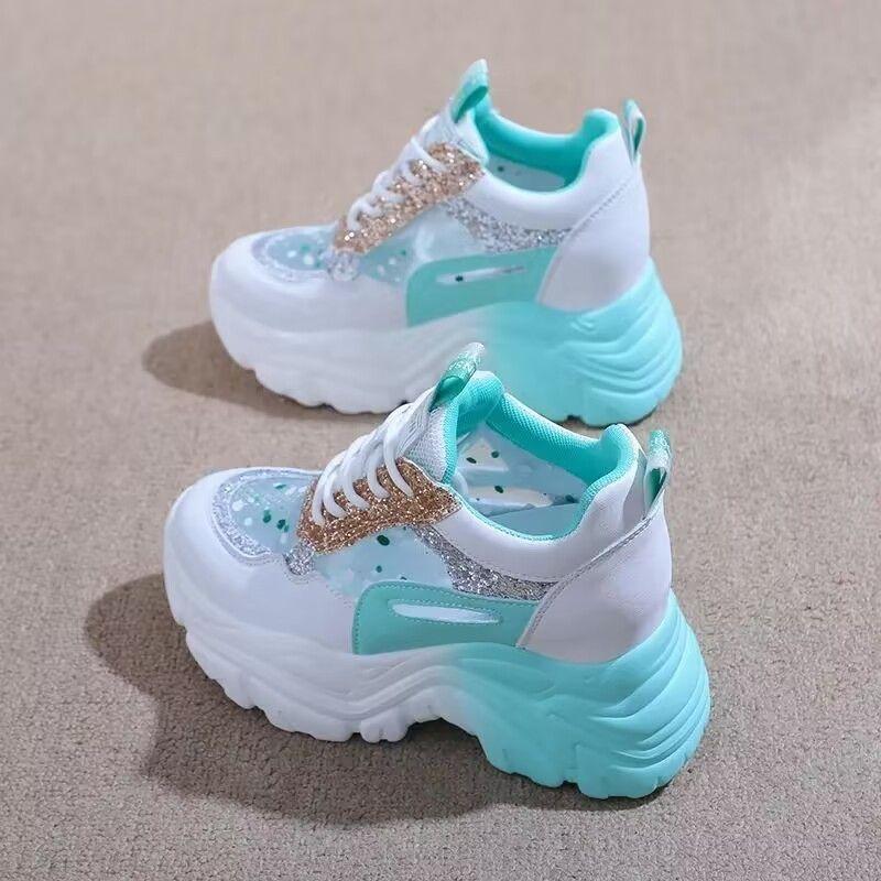 Fashion Glam Sporty Best - Selling White & Mint Green Chunky Dad Sneakers, Glitter & Mesh Detail, Ideal for Daily & Party