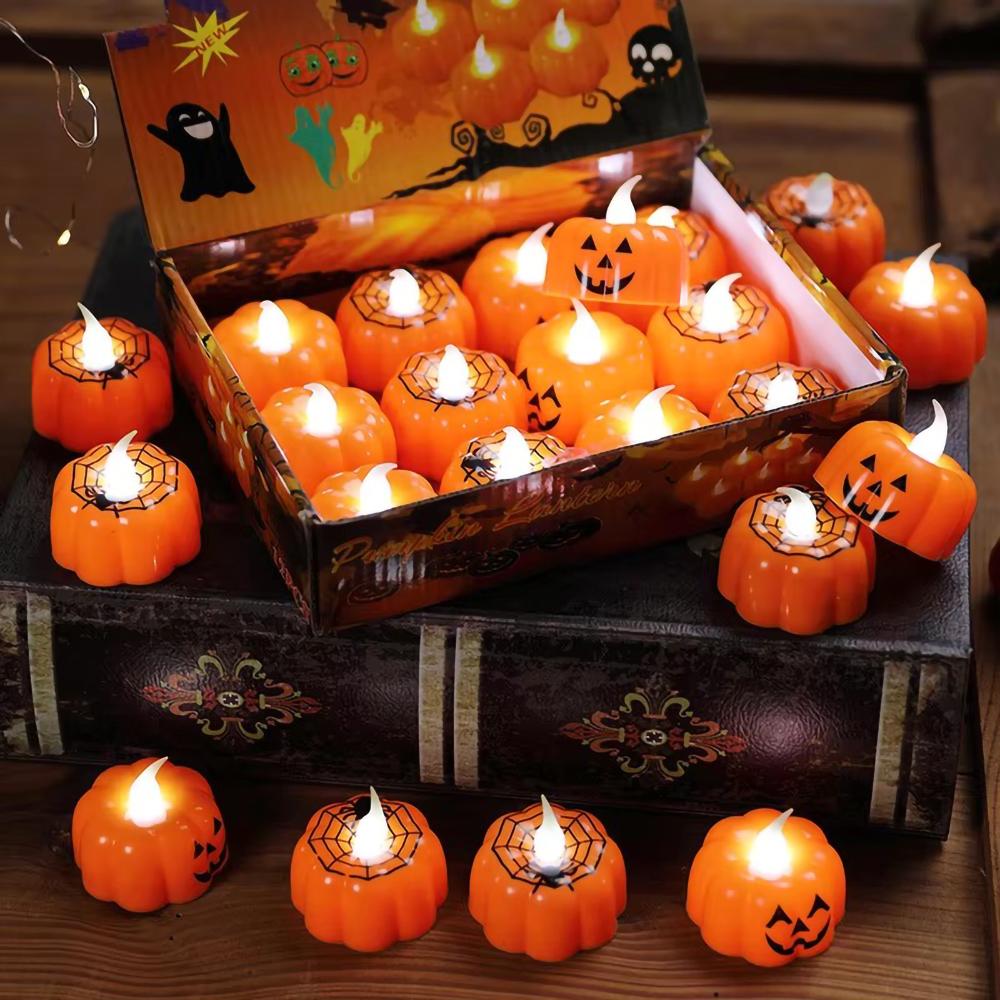 12pcs Electronic Candles Halloween Pumpkin Lamp Ornaments Decor  Festival Party Scene Setting Jack-O-Lantern Props Accessories