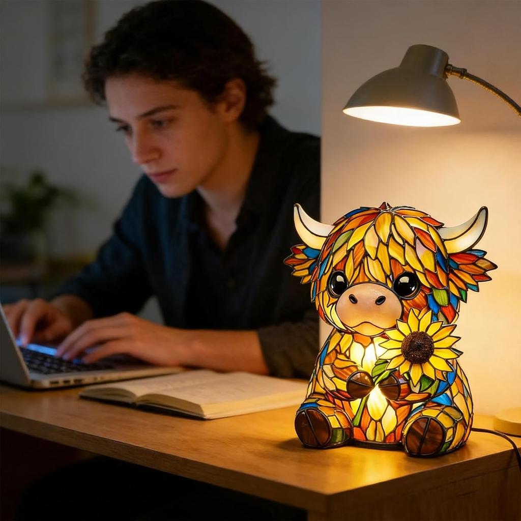Sunflower Night Light Delicate Texture Cow Desk Lamp Led Night Light Hand-Painted Resin Animal Ornament For Children'S