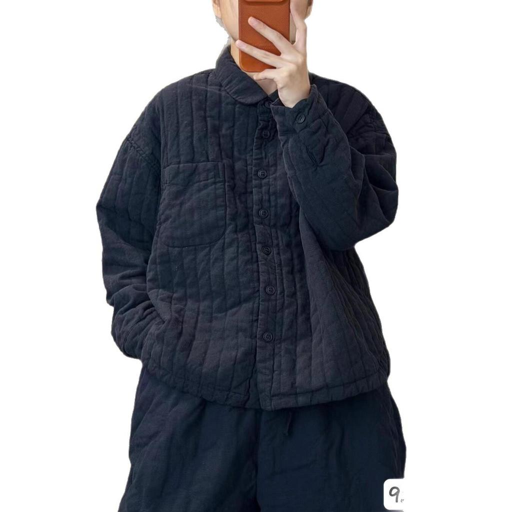 Women's Casual Quilted Long Sleeve Jacket - Solid Color, Loose Fit, Thin Cotton, Linen Blend