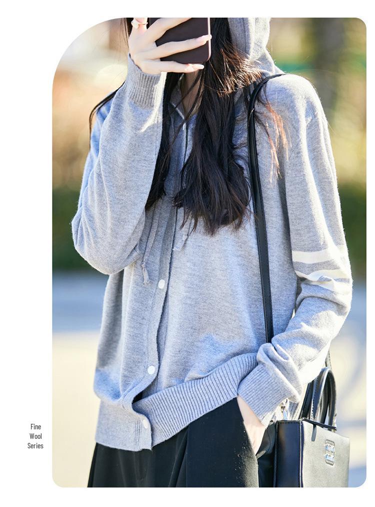2026 Spring/Summer Women's Lightweight Wool Knit Hooded Cardigan with Three Stripes