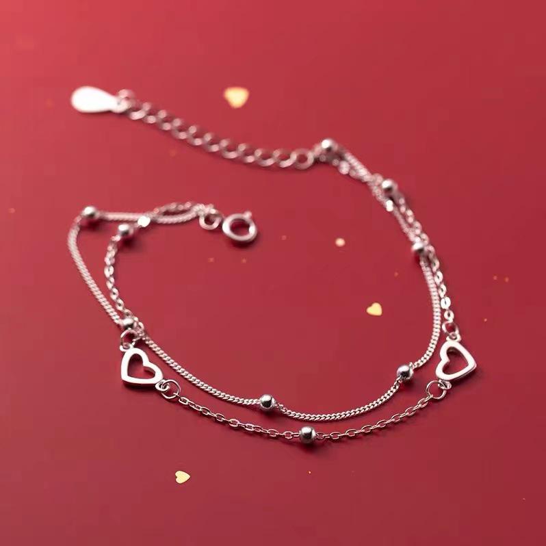 S925 Silver-Plated Heart & Beads Double-Layer Bracelet for Women