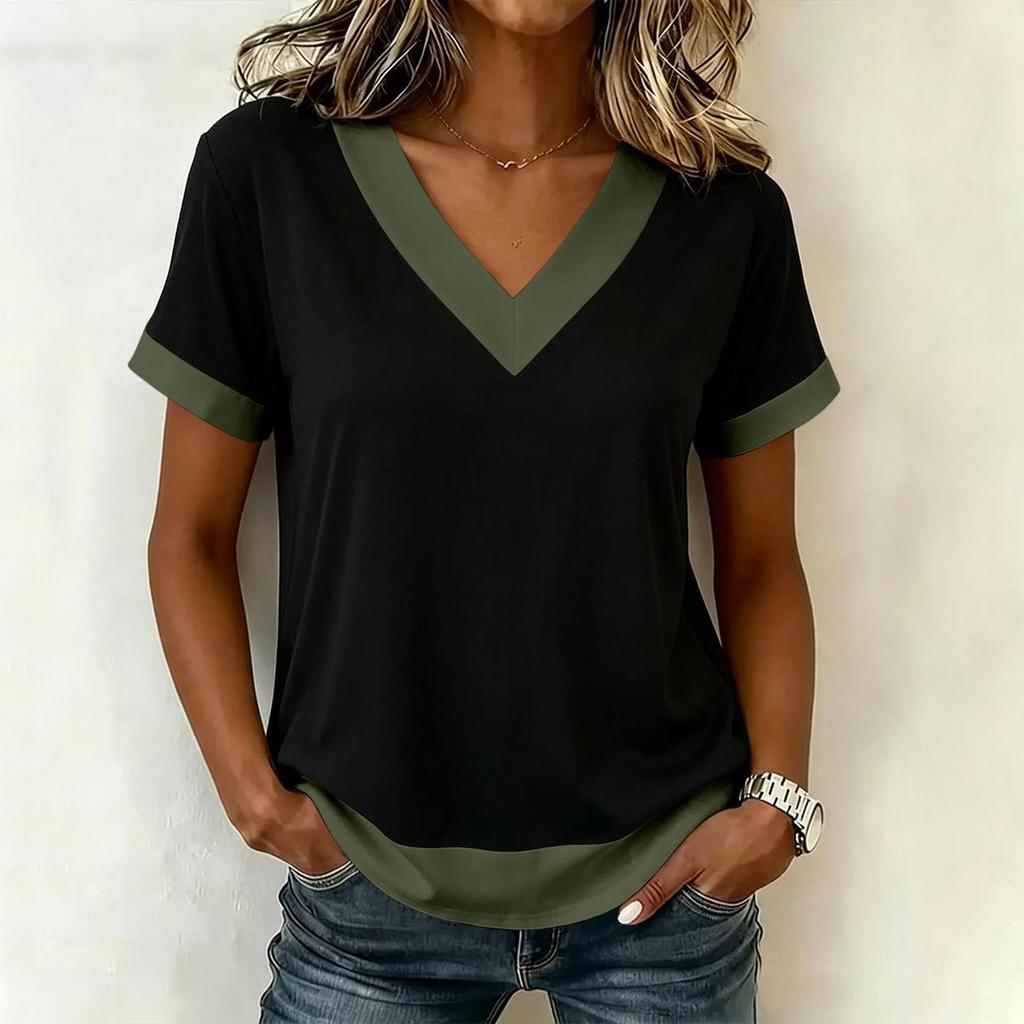 Women's Casual Color Block V Neck Short Sleeve T Shirt Top Lightweight Soft Fabric Relaxed Fit Layered Hem Design