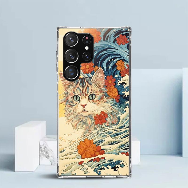 Anime Cat Sea Wave Aesthetic Phone Case For Samsung Galaxy S24 S25 Edge S26 Ultra S22 S23 Plus S21 + S20 FE Soft TPU Back Cover