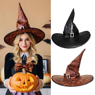 Halloween Witch Hat Vintage Faux Leather Wizard Hat with Buckle Halloween Cosplay Party Costume for Men Women