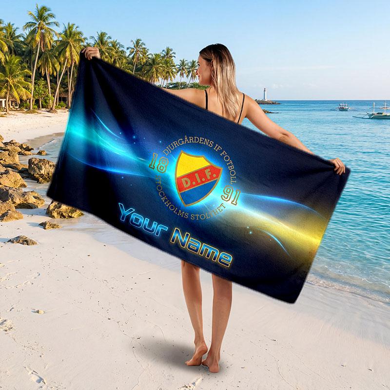 Djurgårdens IF Custom Beach Towel, Personalized Name Text Print, Football Logo Soft Quick‑Dry Towel Holiday Gift
